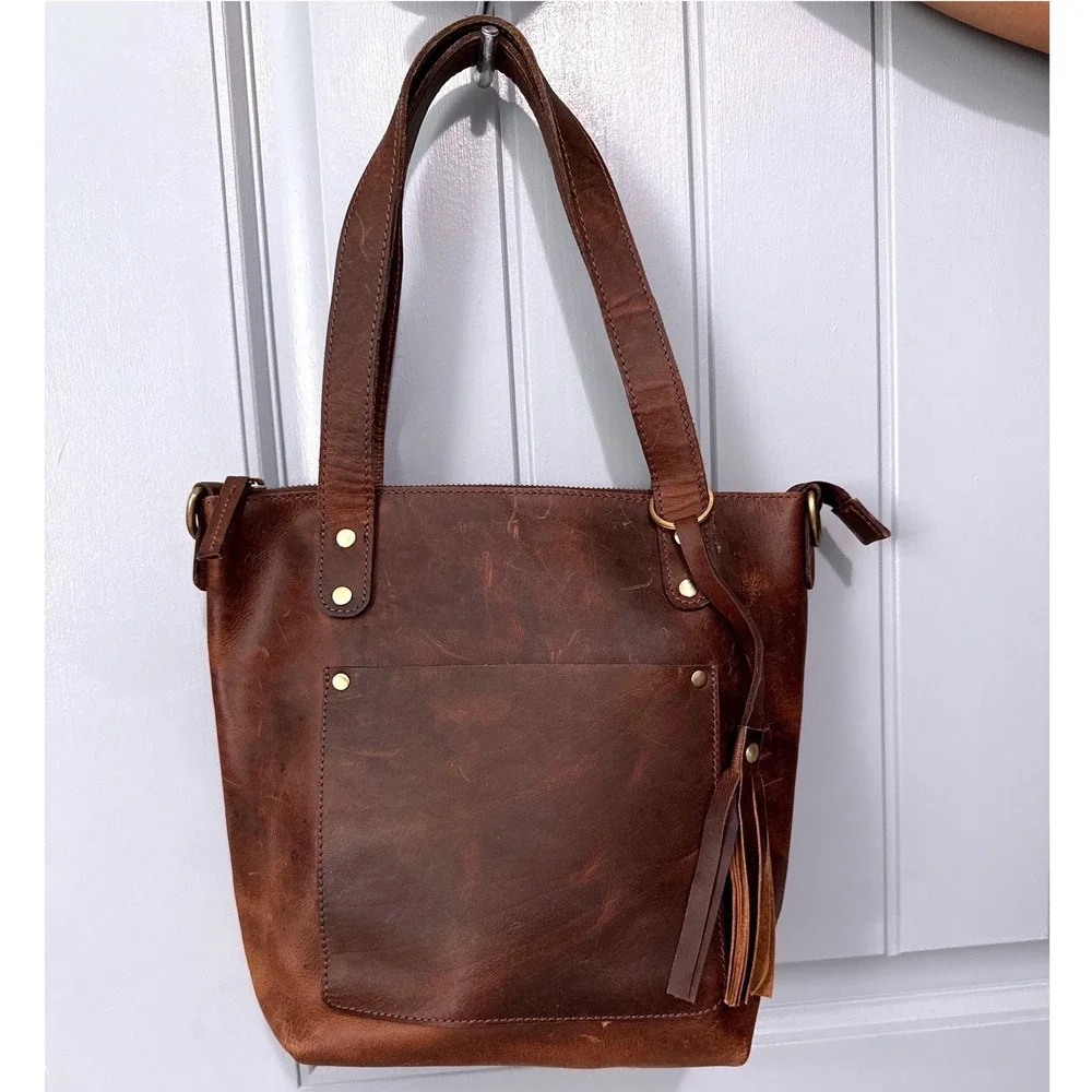 Hides Leather Co LEATHER TOTE BAG WITH ZIPPER - HAZELNUT BROWN - Medium